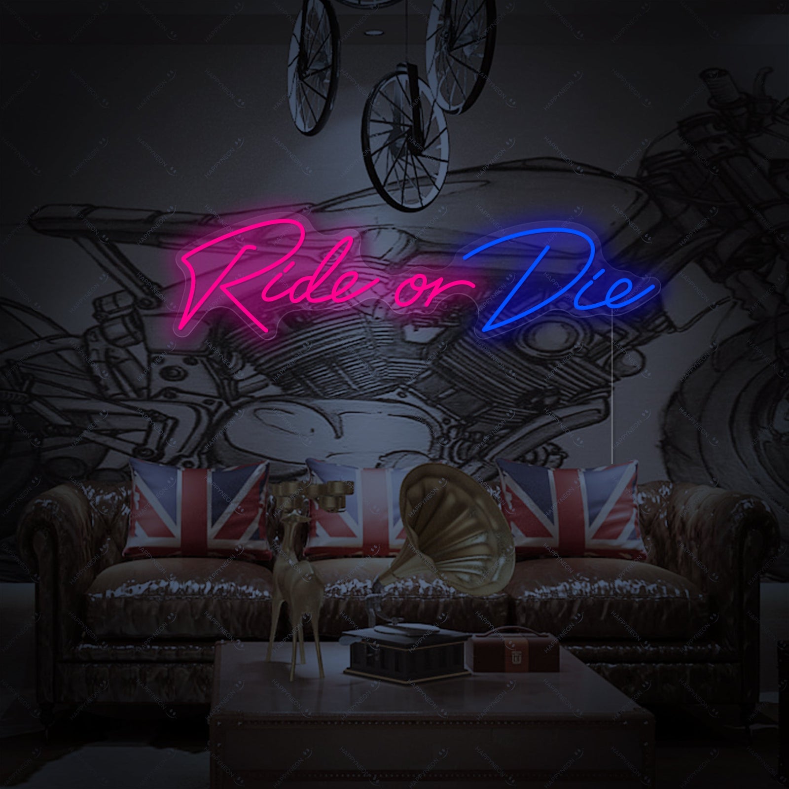 Close-up view of the Ride Or Die neon sign mounted on a clear acrylic backing, showcasing the design's script font.
