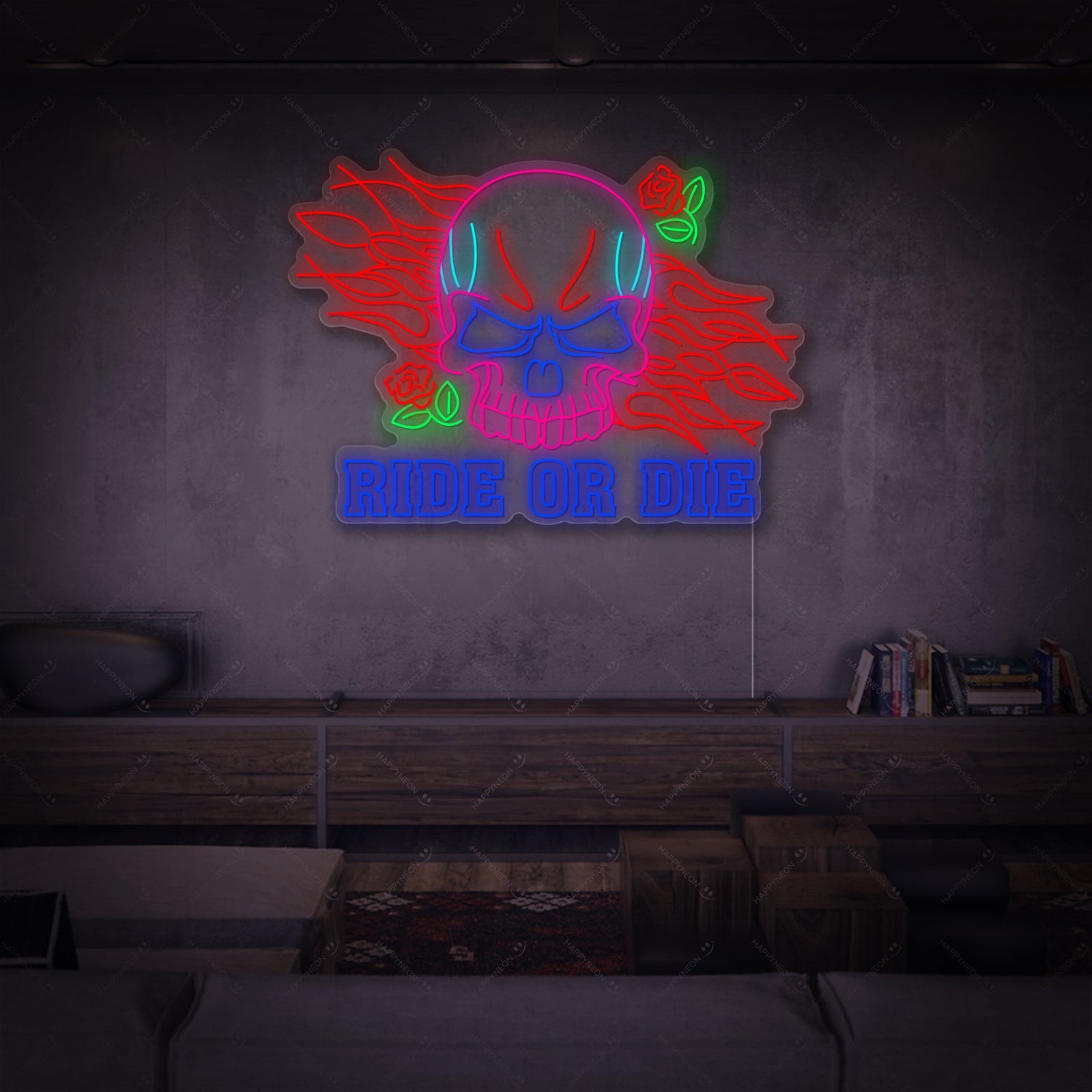 Detailed graphic of the 'Ride Or Die Skull' neon design, featuring a winged skull, banners, and the text 'MOTORCYCLE' and 'GARAGE'.