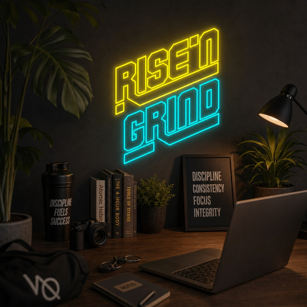 Rise 'n Grind gear and text neon sign glowing in a modern gym setting above equipment.
