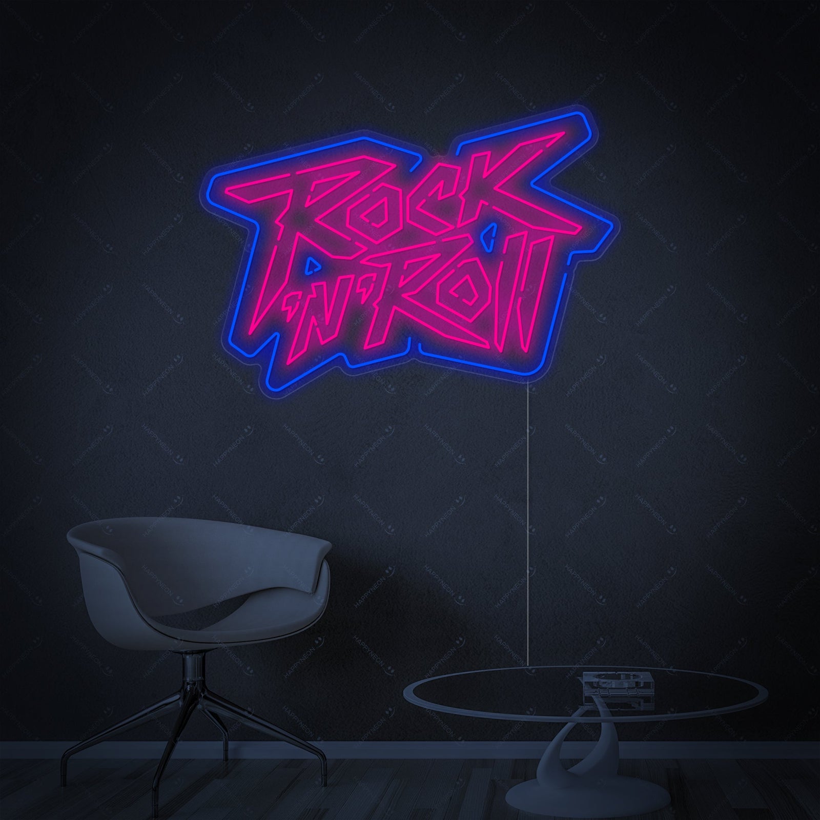 A high-quality, glowing 'Rock n Roll' neon wall sign mounted on a dark background, showcasing its stylized script and integrated lightning bolt design.