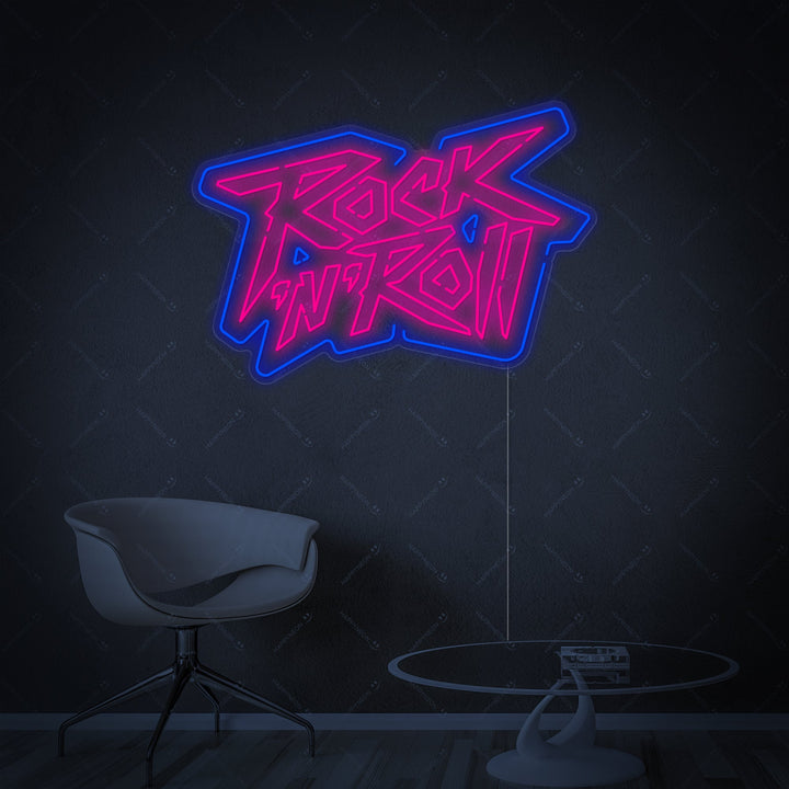 A high-quality, glowing 'Rock n Roll' neon wall sign mounted on a dark background, showcasing its stylized script and integrated lightning bolt design.
