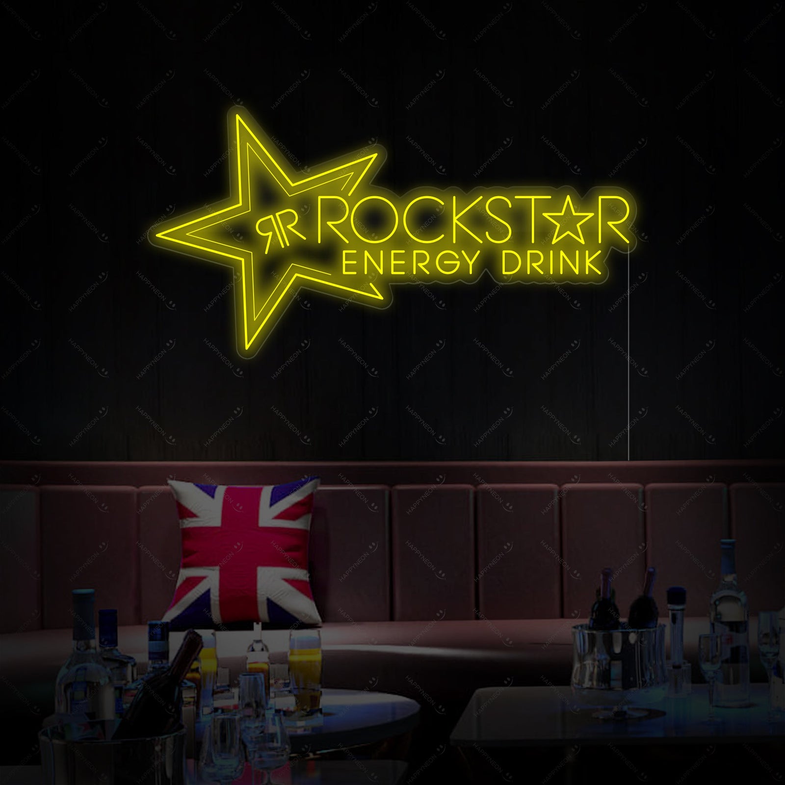 A closer view of the 'Rockstar' neon sign, showing the detailed blue LED tube design and acrylic mounting board in a cinematic setting.