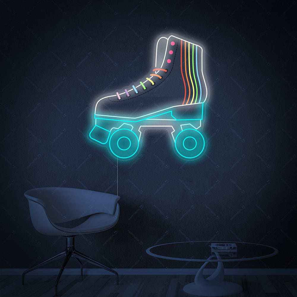 A close-up view of the 'Roller Skate' neon sign on a simple off-white wall, showing the clean lines of the glowing tubing and the clear acrylic backing.