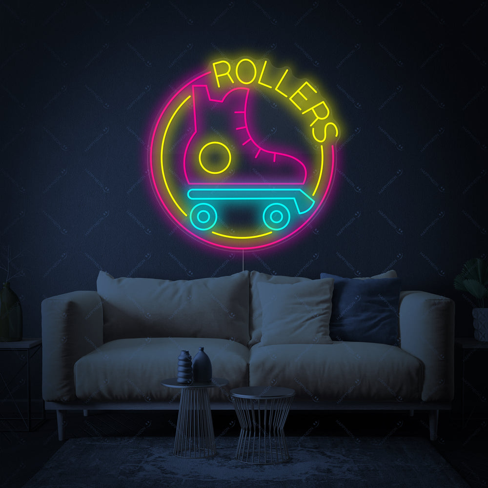 Close-up of the 'Roller Skates' neon sign design against a neutral background.