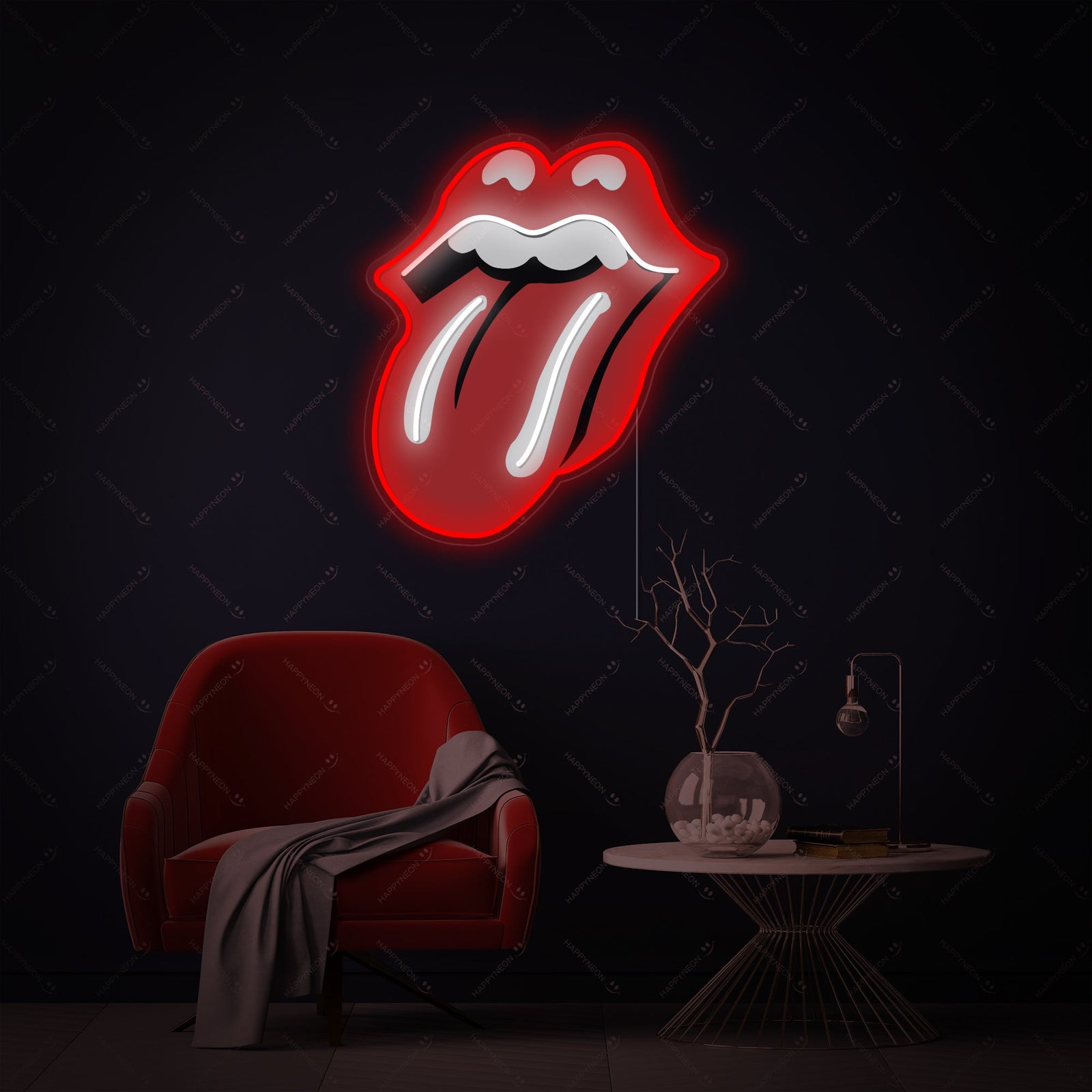 A front view of the 'Rolling Stones' neon sign showcasing the lit outer tubing and the detailed UV printed tongue and lips design on a clear acrylic backing.
