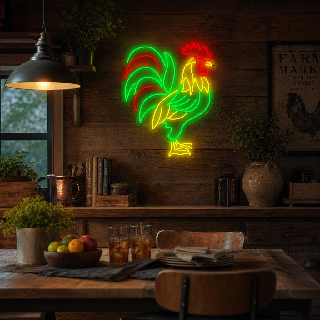 A glowing Rooster Neon Sign prominently displayed above a wooden bench and next to a small potted plant in a stylish, well-lit cafe or restaurant interior.