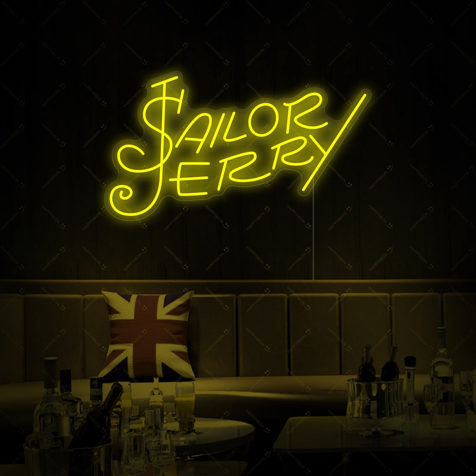A close-up view of the 'Sailor Jerry Rum' neon sign lettering with its clear acrylic backing and tubing details.