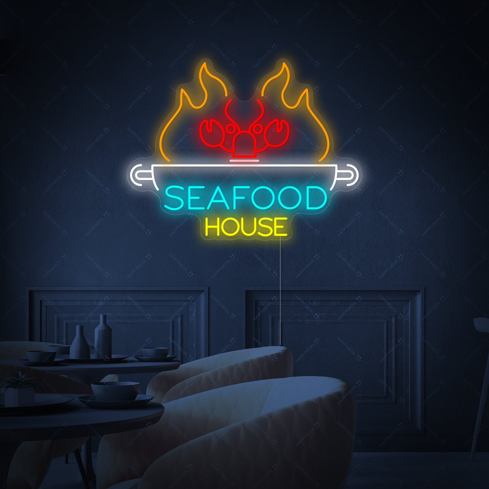 Close-up of the lit 'Seafood House' neon sign showing the blue crab graphic and yellow lettering.