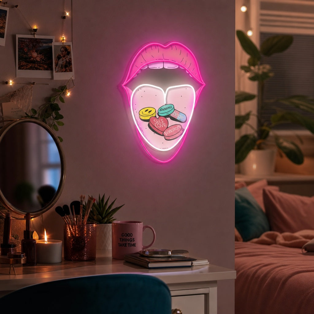 An intricate glowing neon and print wall decor piece depicting a pill bottle filled with small hearts labeled 'Self Love Pills Metaphor' on a textured dark wall.