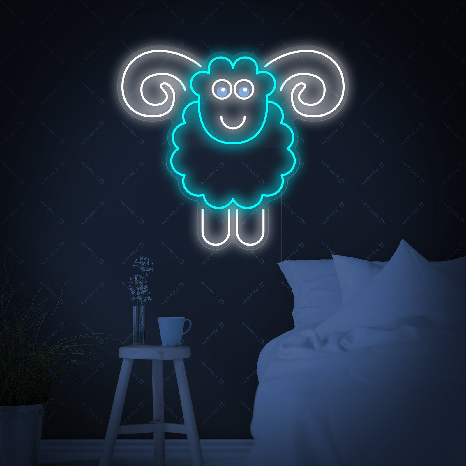 A glowing blue Sheep Neon Sign graphic composited above a bed in a modern, AI-generated bedroom scene.