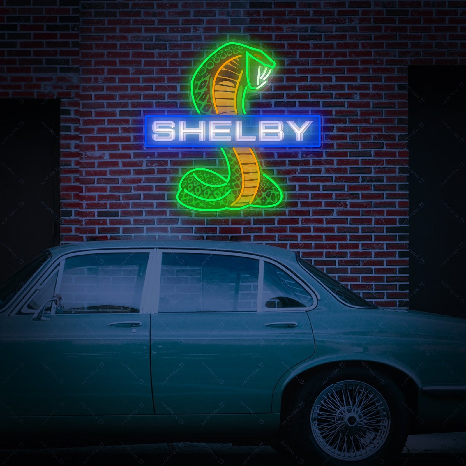 Detailed close-up design of the Shel-Car Cobra neon sign on a neutral background, highlighting the distinct blue and white cobra emblem above yellow script.