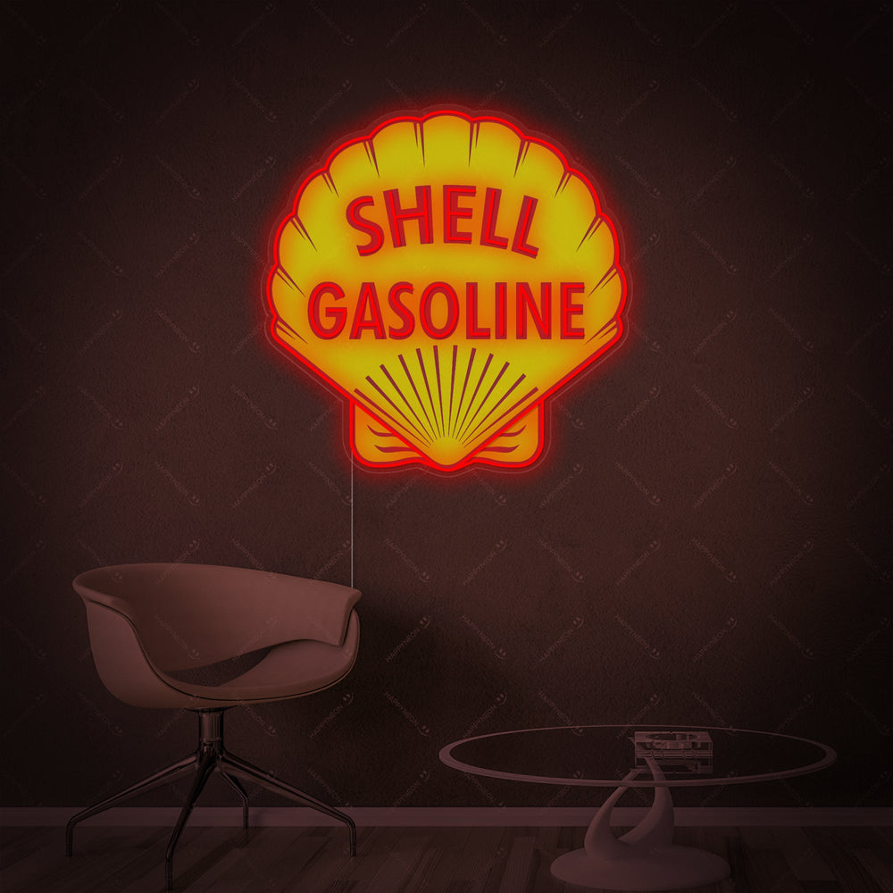 A front view illustration of the iconic yellow and red Shell Gasoline scallop logo as a neon sign concept on a clean interior design background.