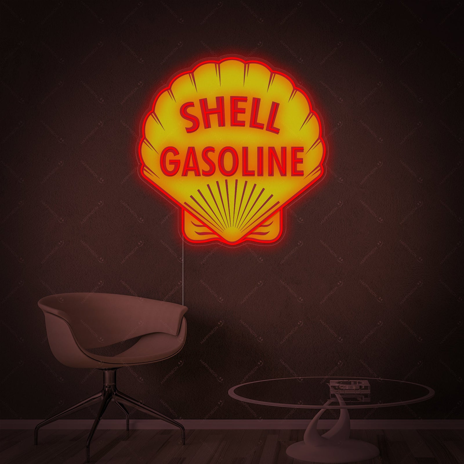 A front view illustration of the iconic yellow and red Shell Gasoline scallop logo as a neon sign concept on a clean interior design background.