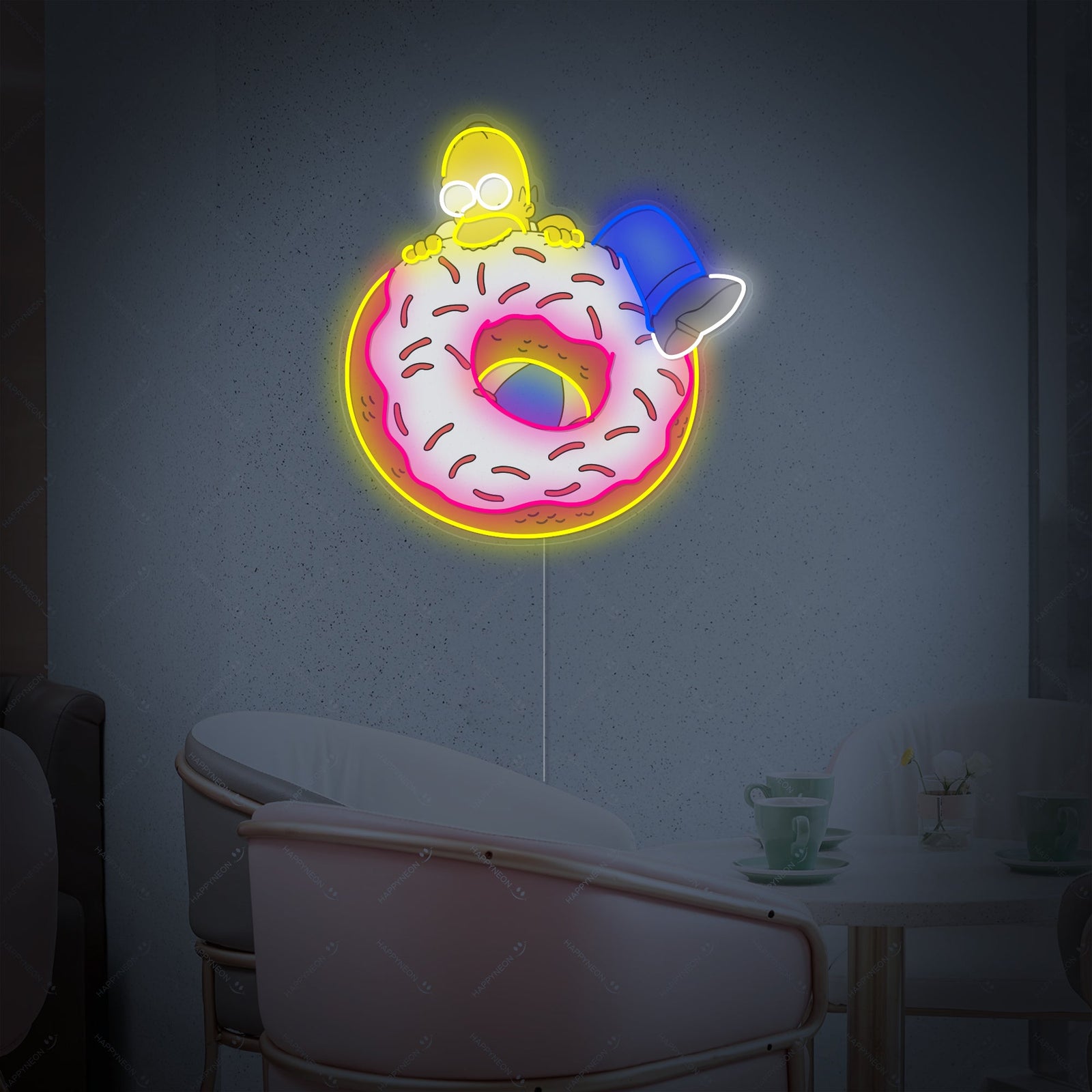 Flat graphic design mockup showing the detailed 'Simps Donut' neon sign illuminated, highlighting the pink frosting and colorful sprinkle design