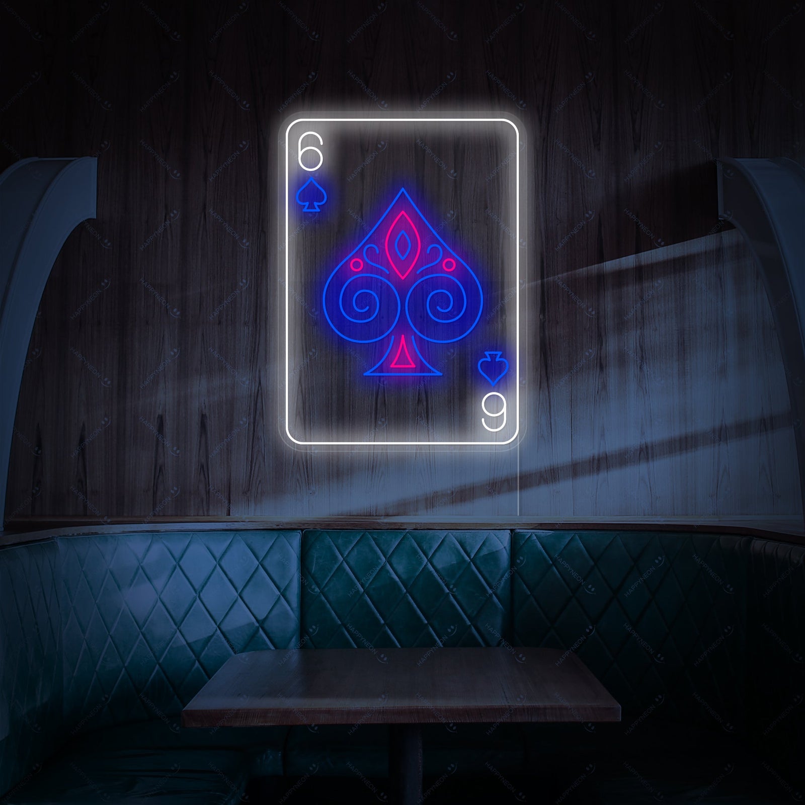 Poker 6 Neon Sign glowing brightly on a textured wall.