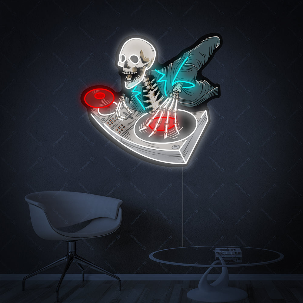 A close-up view of the 'Skeleton DJ' neon sign, highlighting the detail of the skeleton, headphones, and turntables rendered in glowing neon tubing and intricate background print.