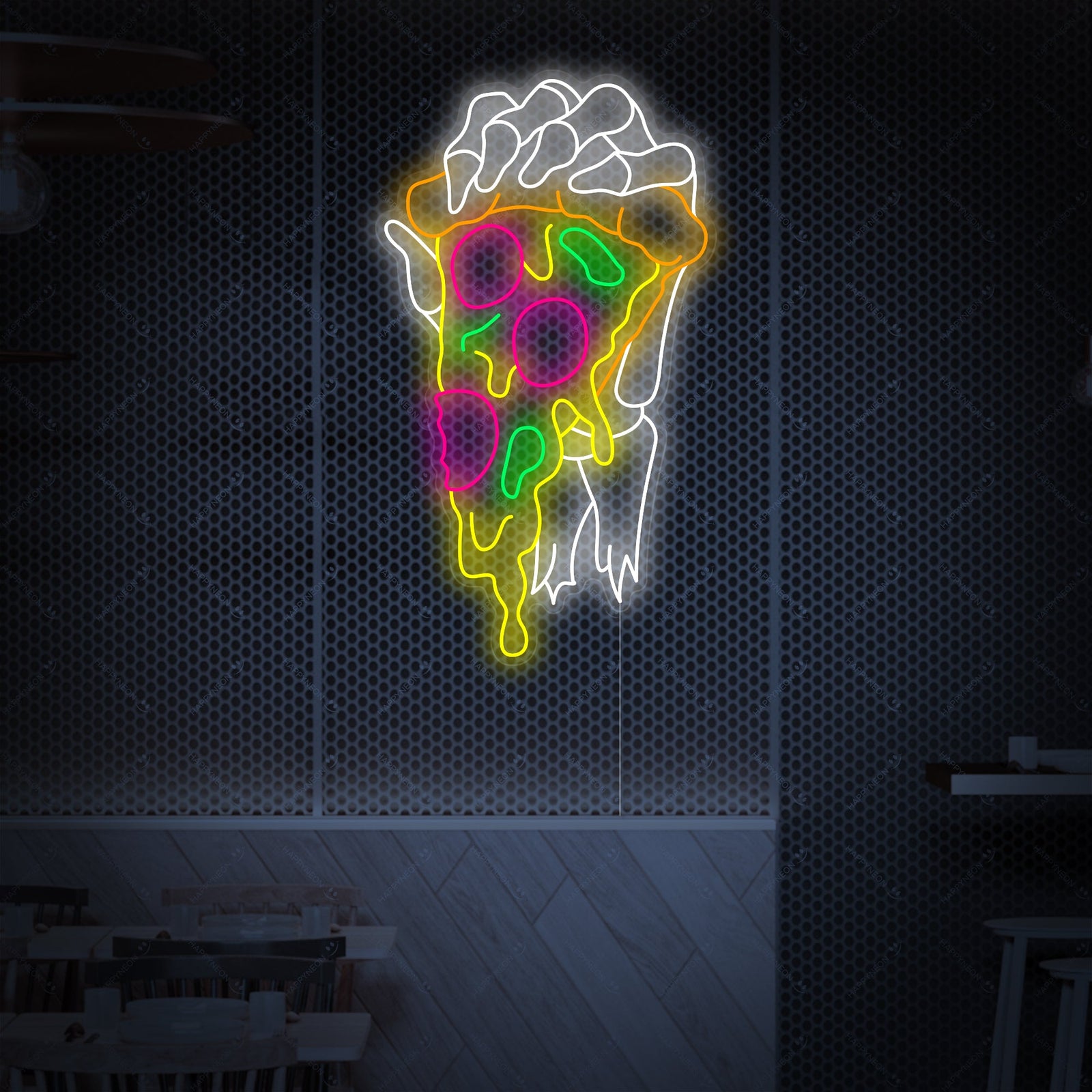 A neon sign of a skeleton hand holding a pizza on a brick wall, with people in the background.