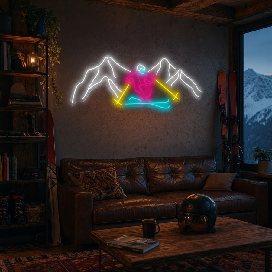 Skiing Mountains Neon Sign, Ski Neon Sign, Ski Wall Sign neon sign product image