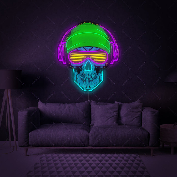 A vibrant 'Skull With Headphones' neon sign design glowing against a simple background.