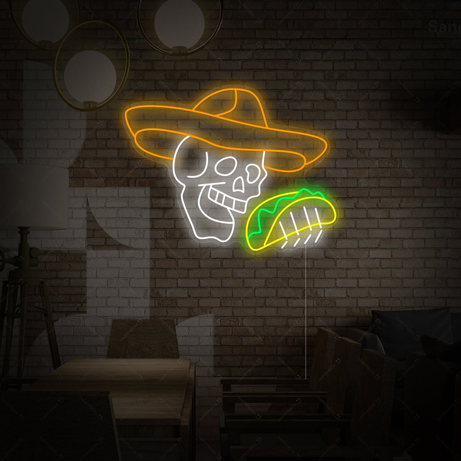 A graphic design image of a skull holding two tacos neon sign, set against a dark brick background.