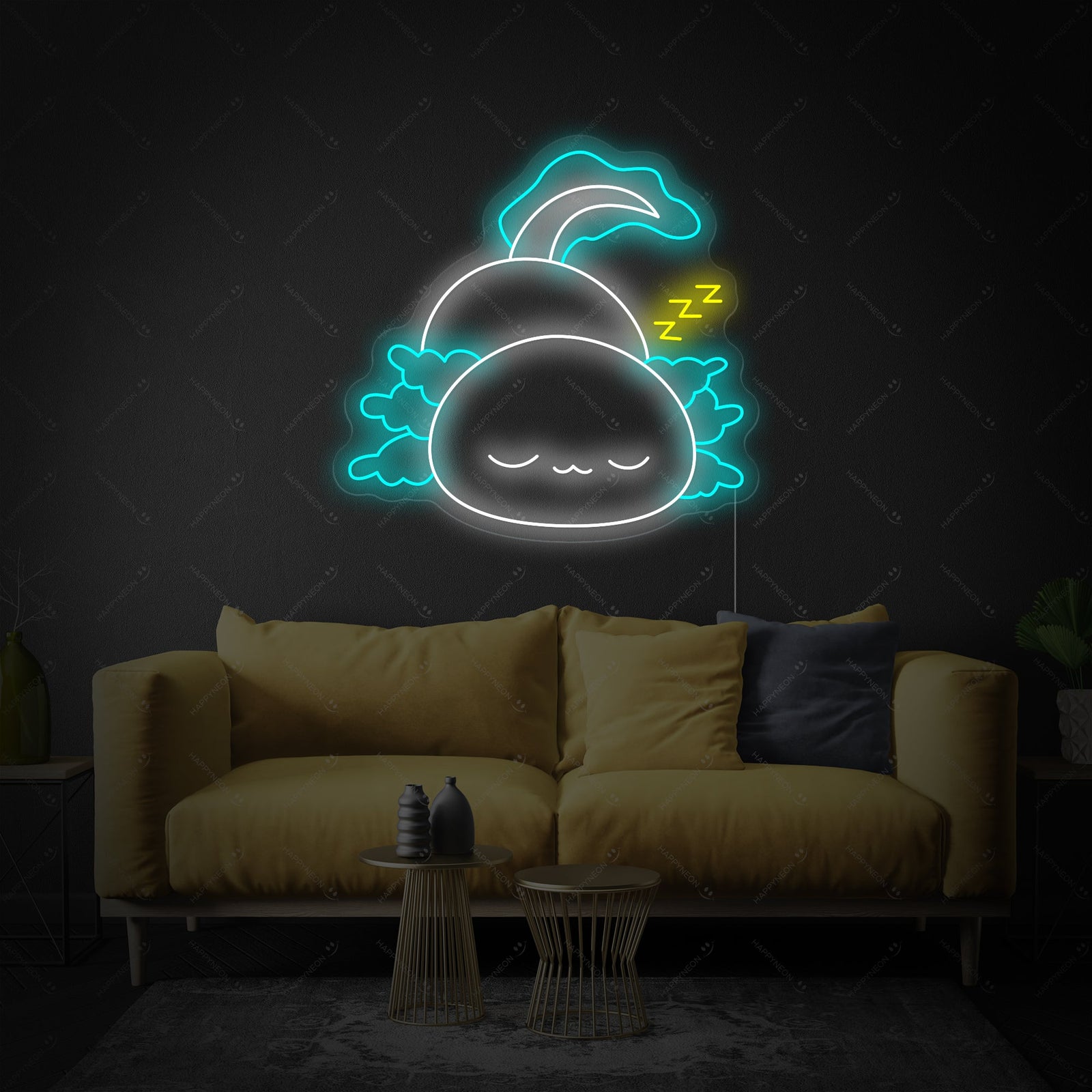 Studio product shot showing the Sleeping Axolotl neon sign design mounted on a clear acrylic backer.