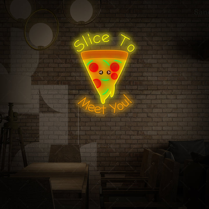 The 'Slice to Meet You' neon sign graphic in glowing yellow and white lines with a red heart accent, isolated on a black background.