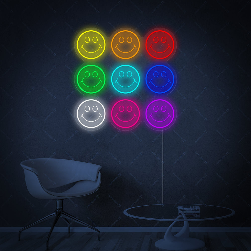 Close-up visualization of the glowing 'Smile' emoji neon sign, detailing the neon tubing and clear acrylic backboard.