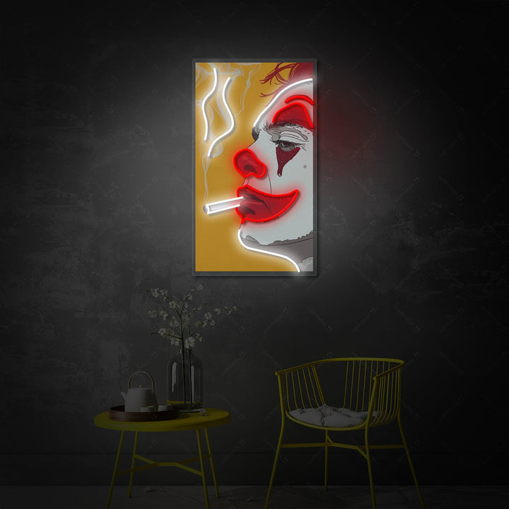 A detailed product shot of the Smoking Joker neon sign showing the integrated UV printed artwork and glowing neon tubing elements.