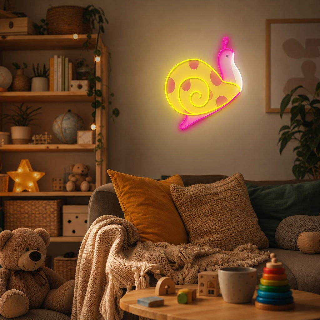 A glowing neon sign shaped like a friendly cartoon snail mounted on a brick wall.