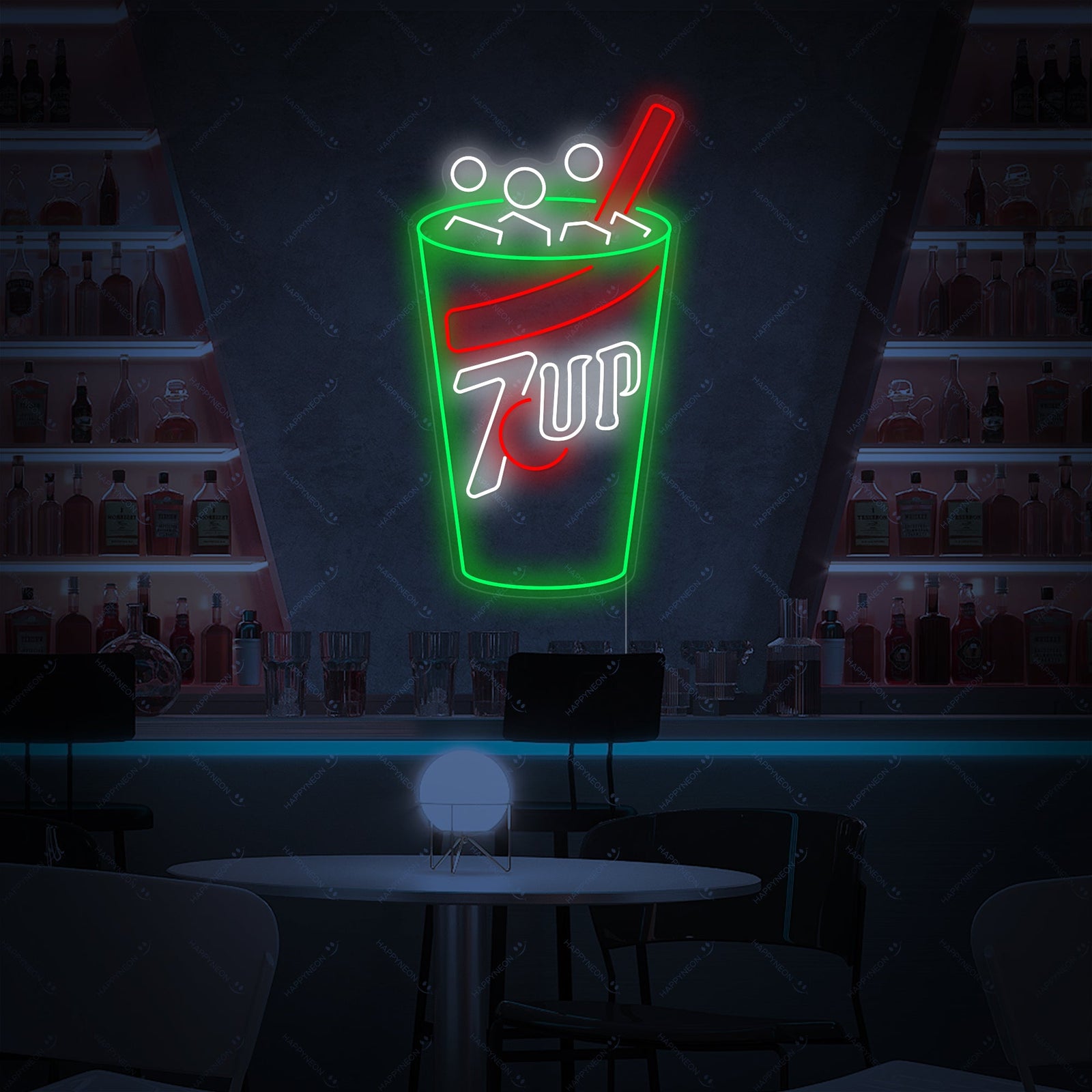A detailed view of a vibrant 'Soda Drinks Logo' neon sign with brightly lit tubes forming a classic soda bottle silhouette and bubbling beverage design, casting a soft glow.
