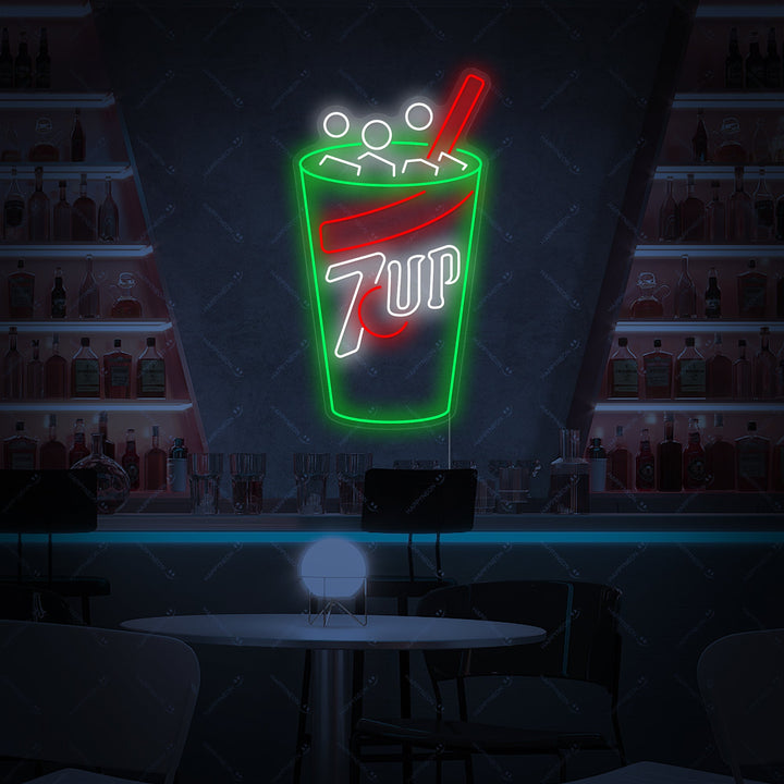 A detailed view of a vibrant 'Soda Drinks Logo' neon sign with brightly lit tubes forming a classic soda bottle silhouette and bubbling beverage design, casting a soft glow.