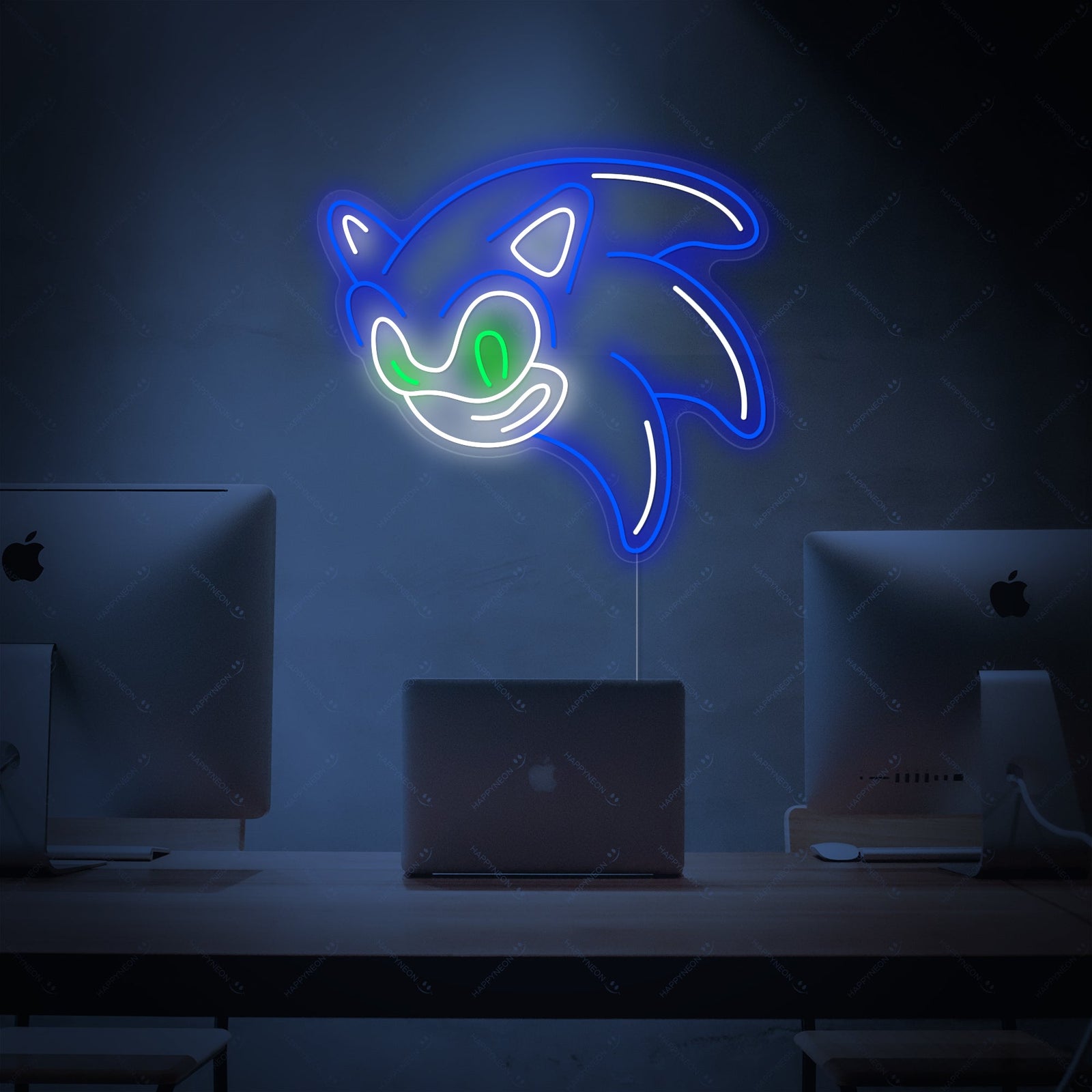 A vibrant 'Sonic' neon sign in the shape of the video game character's head, showing a bright blue glow on a clear acrylic background