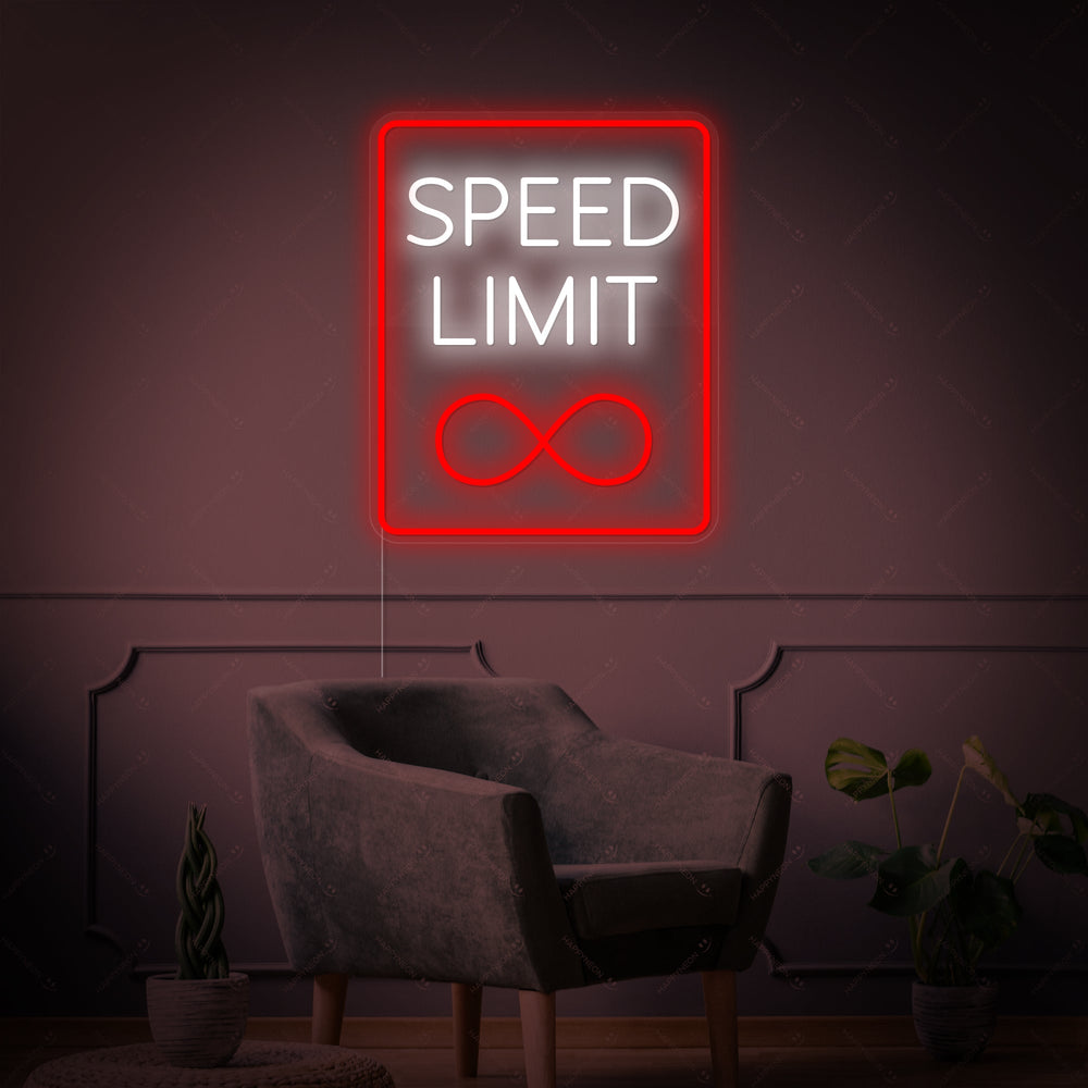 A luminous 'Speed Limit Infinity' neon sign with clear acrylic backing and intricate tubing details.
