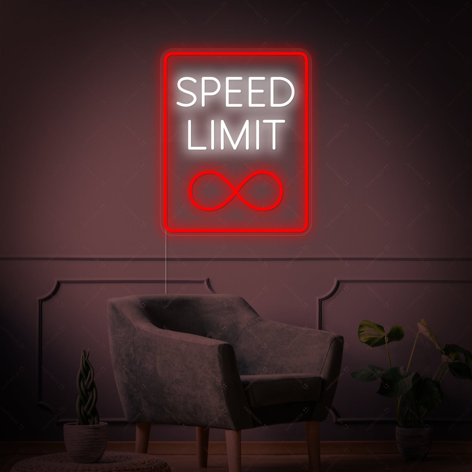 A luminous 'Speed Limit Infinity' neon sign with clear acrylic backing and intricate tubing details.
