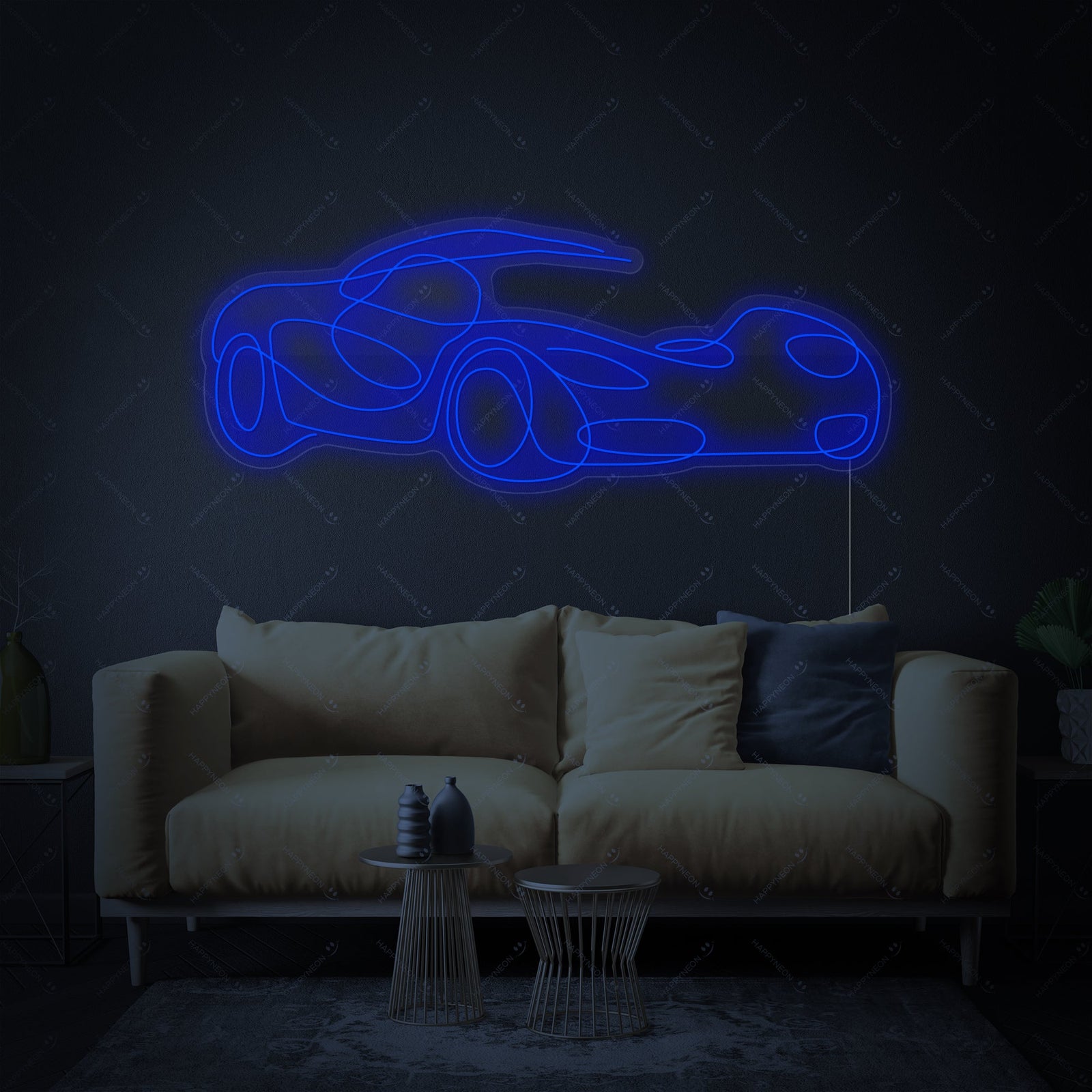 A bright blue neon sign of a sleek sports car profile, mounted on a clear acrylic backing.