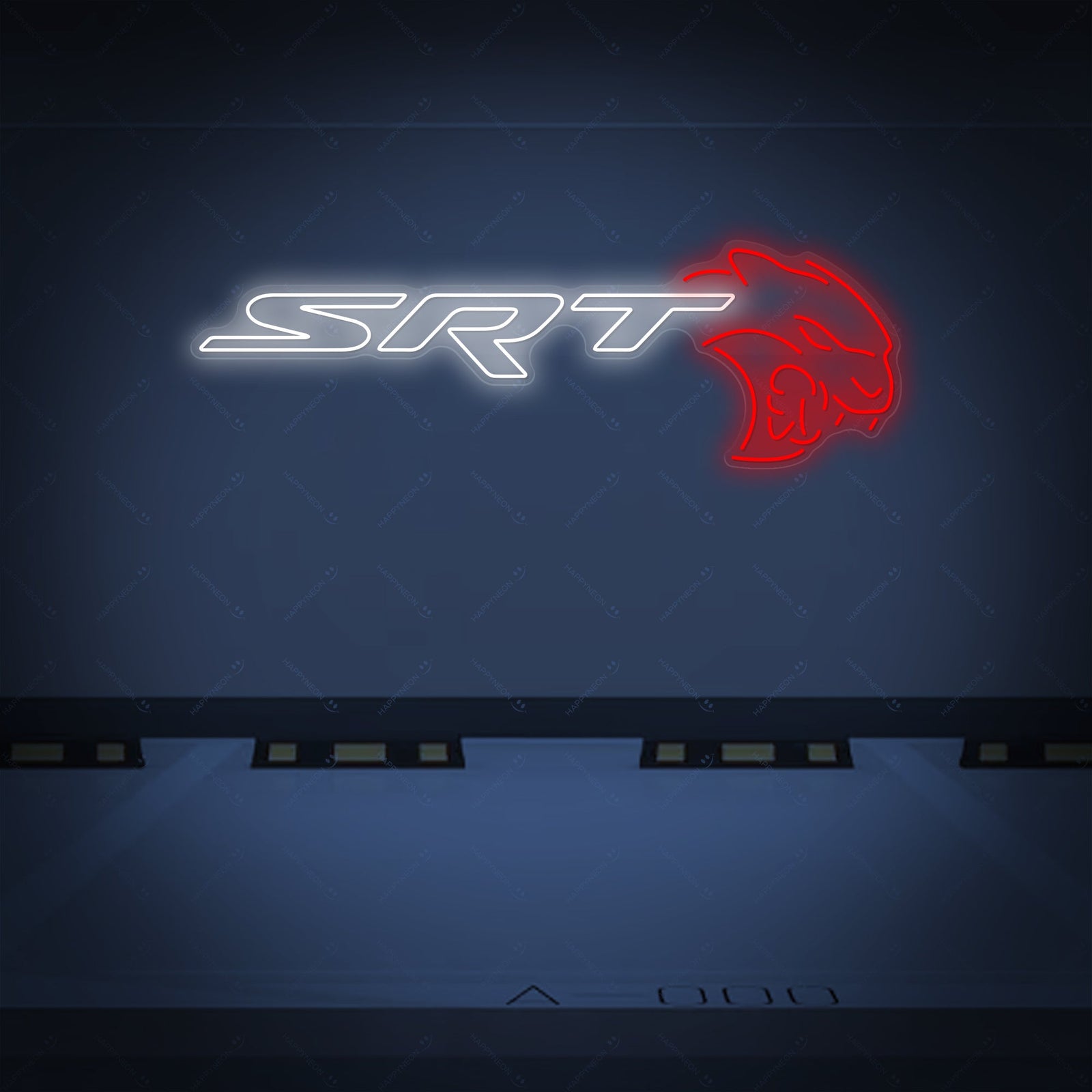 A clean graphic illustration of a glowing red SRT neon sign against a dark patterned background.