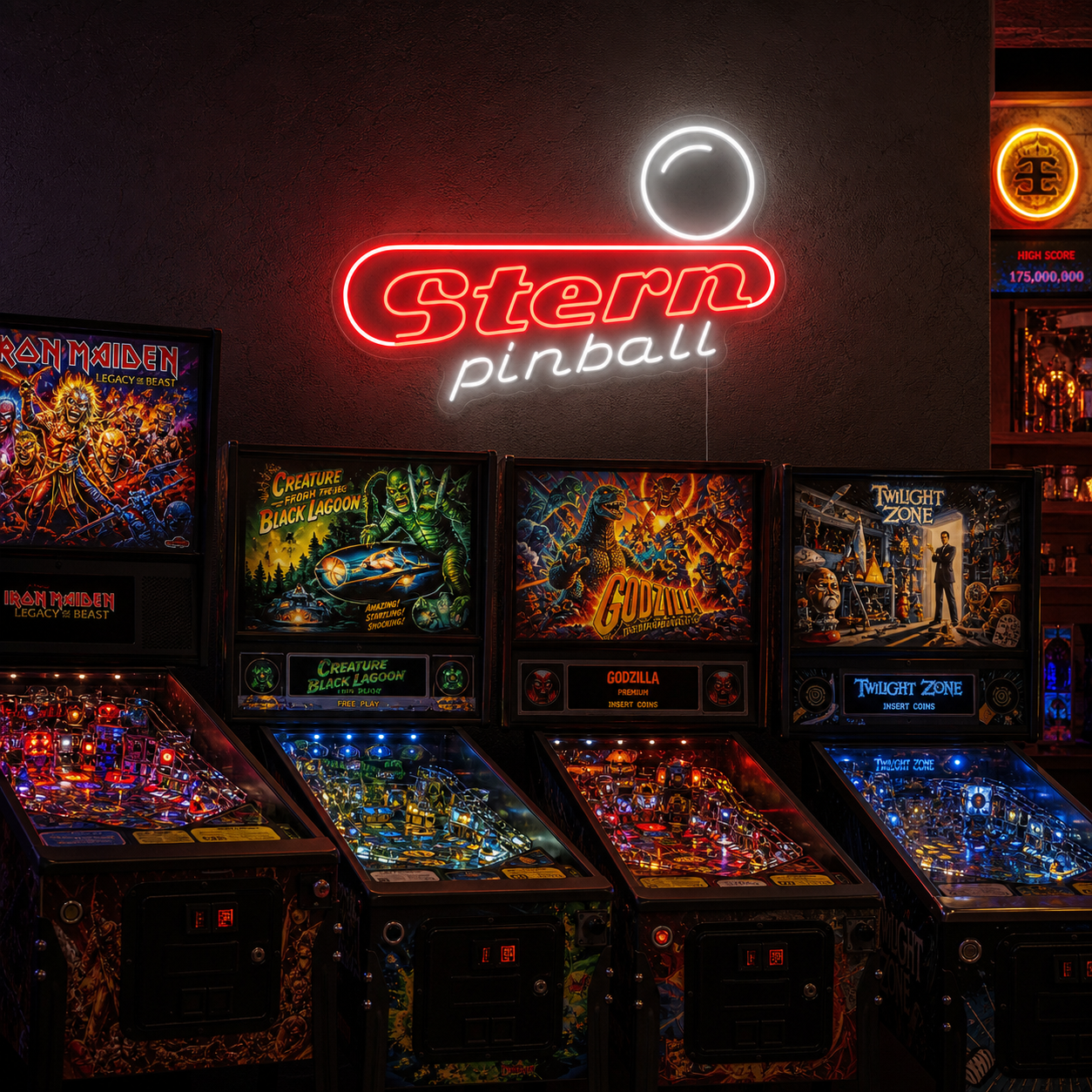 A glowing Stern Pinball neon sign, featuring the white Stern logo above the word 'PINBALL' in stylized letters with a subtle red outline, illuminated against a slightly blurred background of electronic equipment.