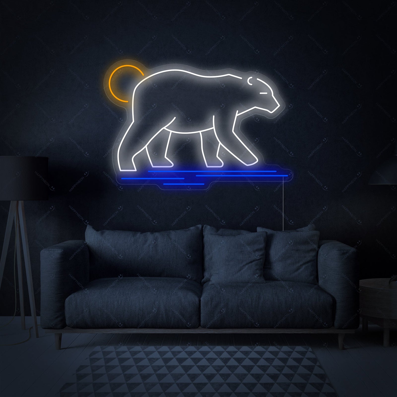 A digital mockup showing the 'Striding Polar Bear' neon design, featuring a powerful white bear mid-stride with blue outline accents.