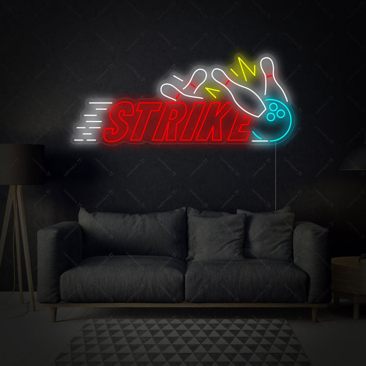 Close up view of the blue neon bowling strike design mounted on a clear backboard, showing the realistic glowing tubing detail.