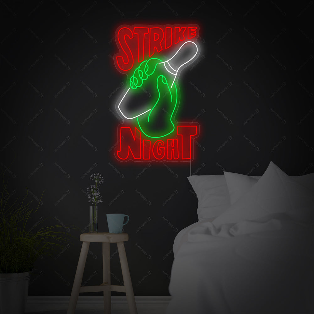 Flat graphic design view of the 'Strike Night Bowling' neon sign, featuring a bright red bowling pin and ball with blue script.