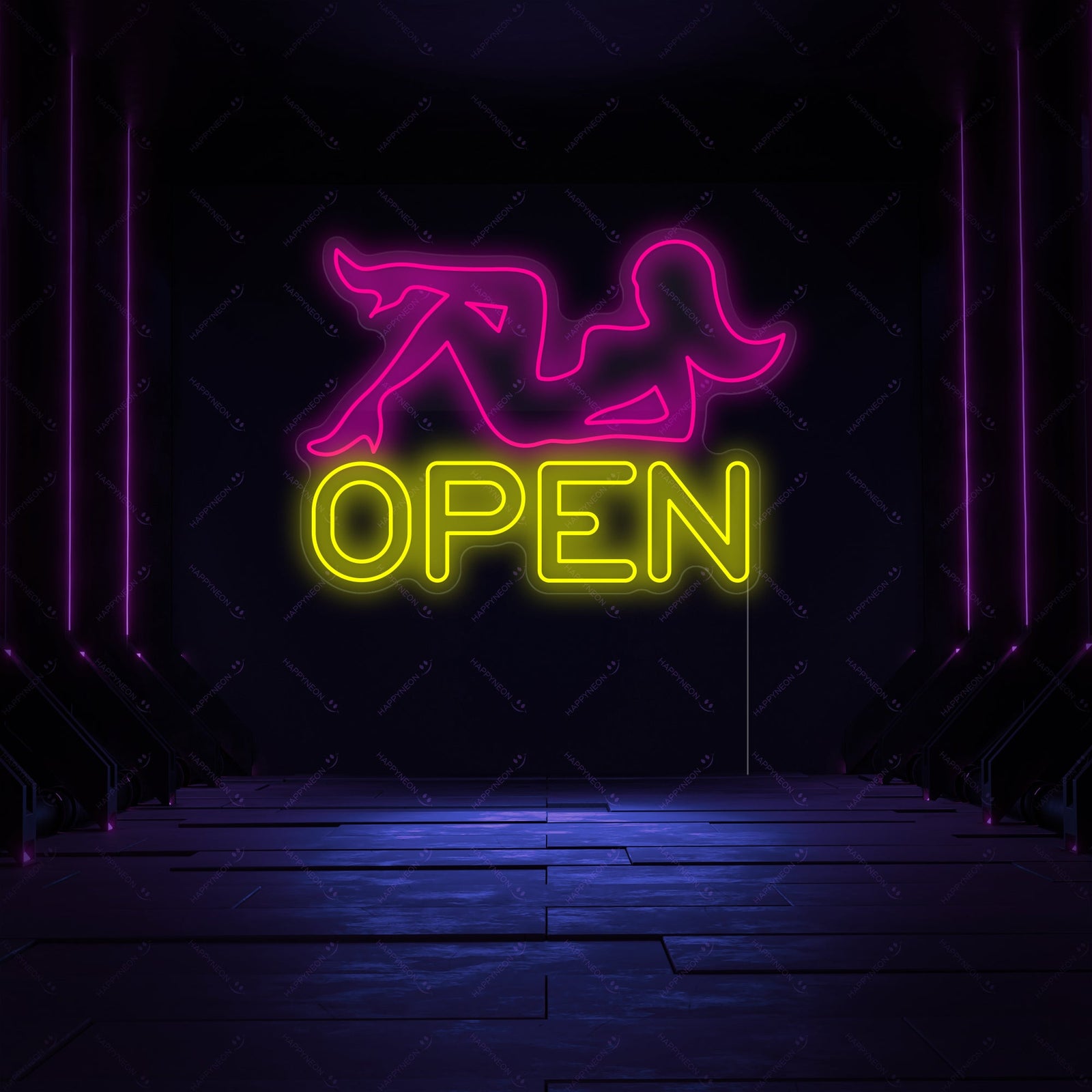 A flat graphic illustration of a glowing pink "Strip Club" neon sign against a dark, futuristic background.