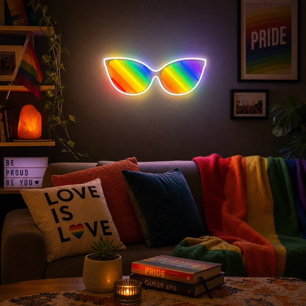 Sunglasses LGBT Pride neon sign glowing brightly on a wall