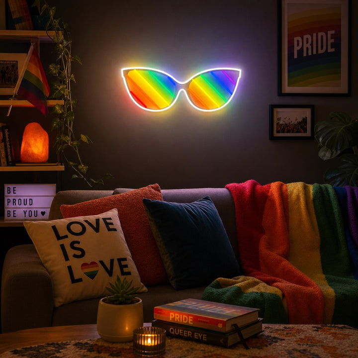 Sunglasses LGBT Pride neon sign glowing brightly on a wall