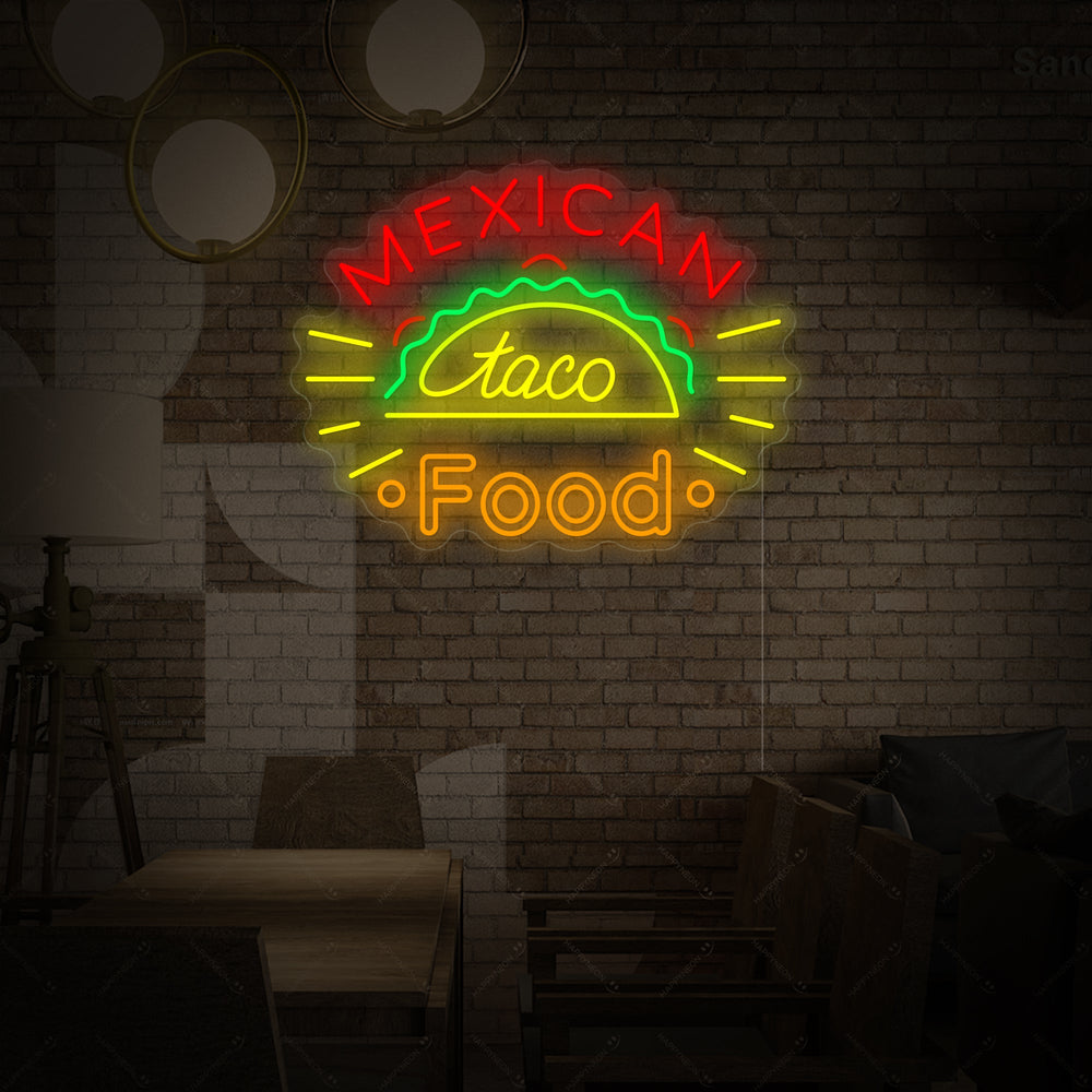 Clean product shot of the 'Mexican Taco' neon sign with clear acrylic backing against a blurred interior background.