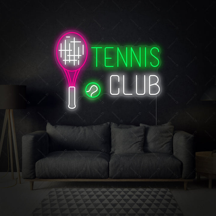A graphic visualization showing a 'Tennis Club' neon sign glowing green in a dark room setting.