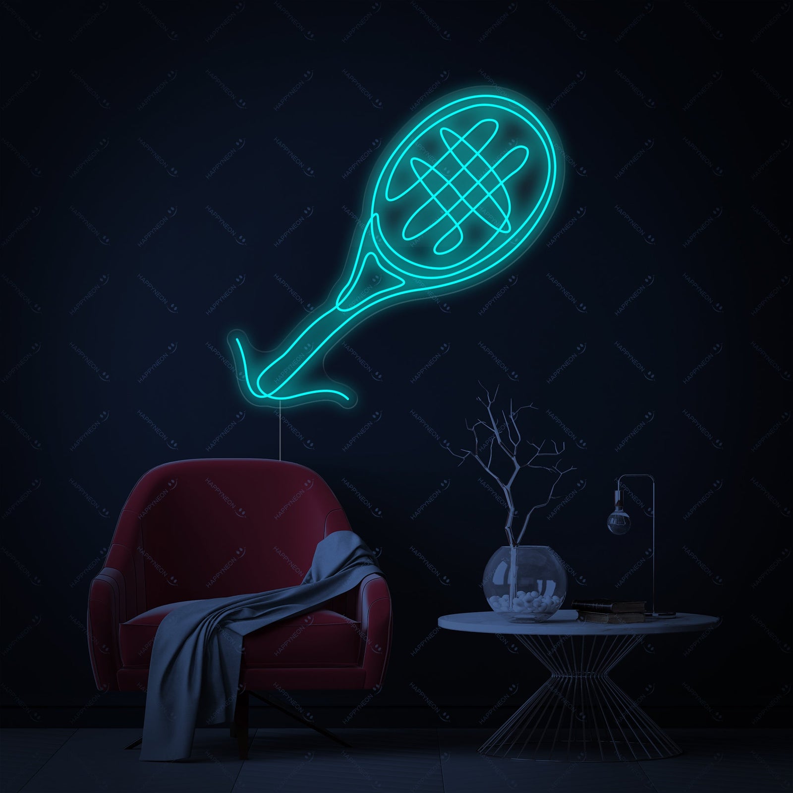 A flat graphic illustration of a blue neon tennis racket and ball with 'ON' switch detail.