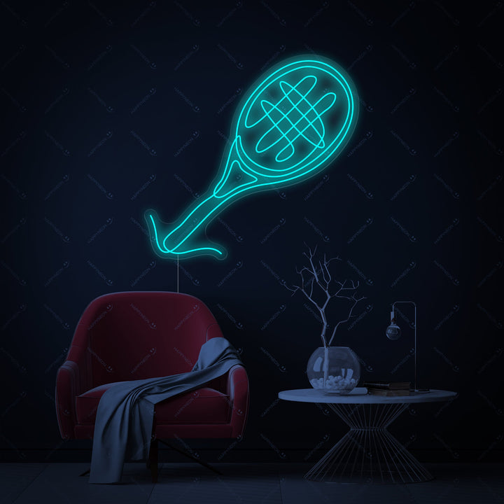 A flat graphic illustration of a blue neon tennis racket and ball with 'ON' switch detail.