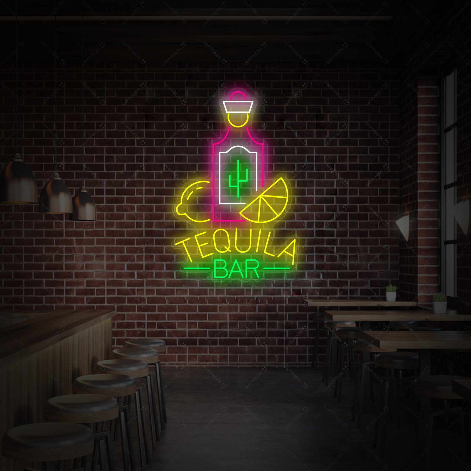 Close-up photograph of the 'Tequila Bar' neon sign, showcasing its realistic design and luminous blue lettering against a dark background.