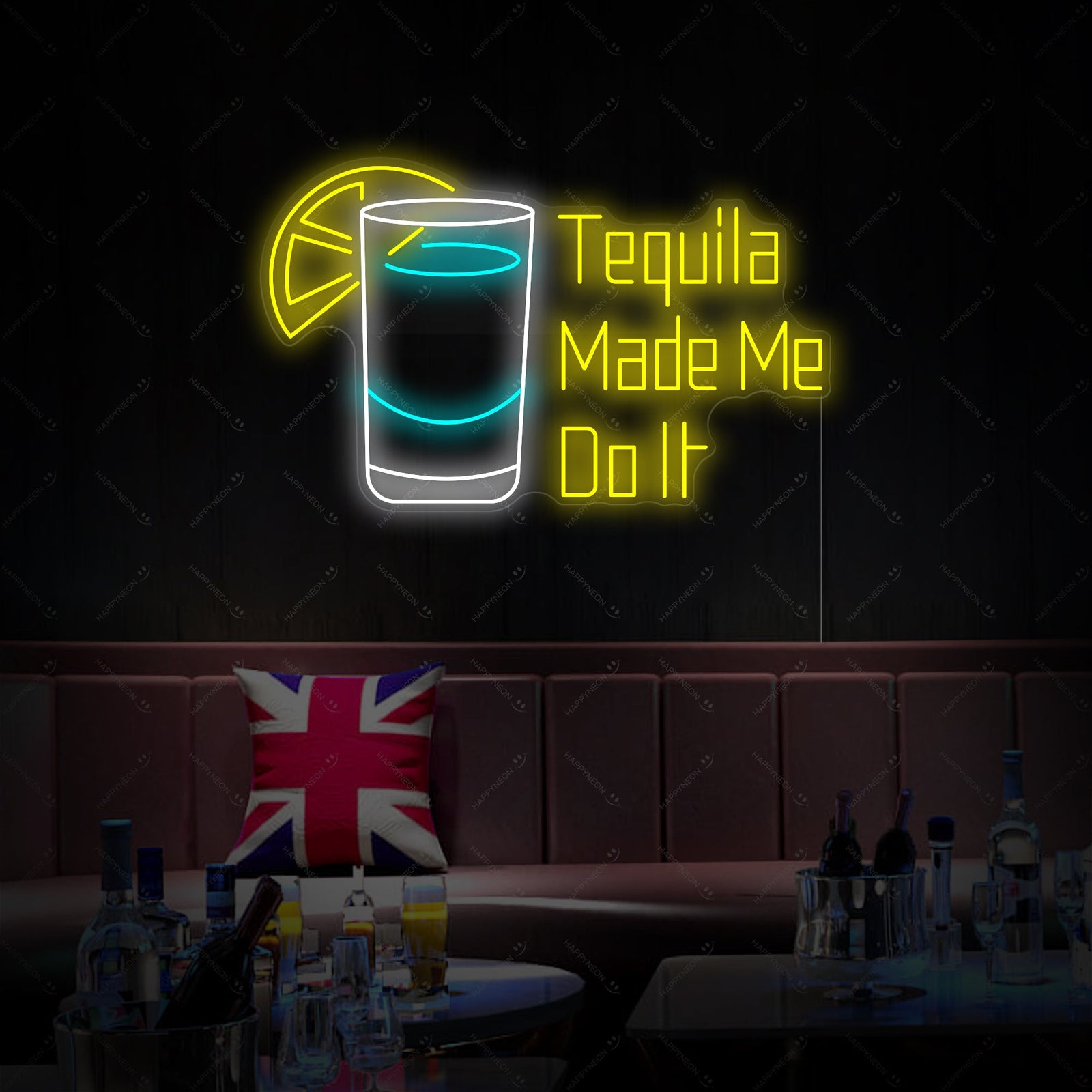 A graphic design mockup showing how the 'Tequila Made Me Do It' neon sign would look mounted in a bar setting.