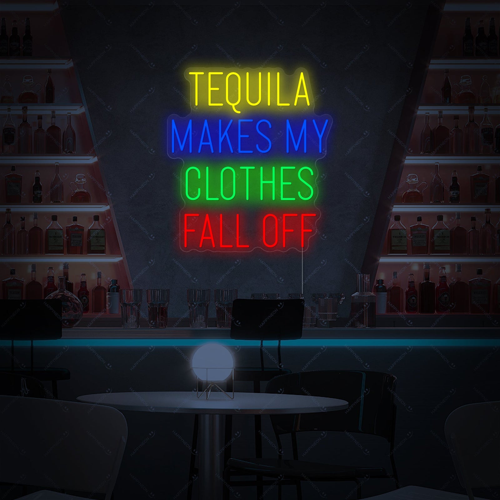 A 'Tequila Makes My Clothes Fall Off' neon sign displayed against a brick wall.